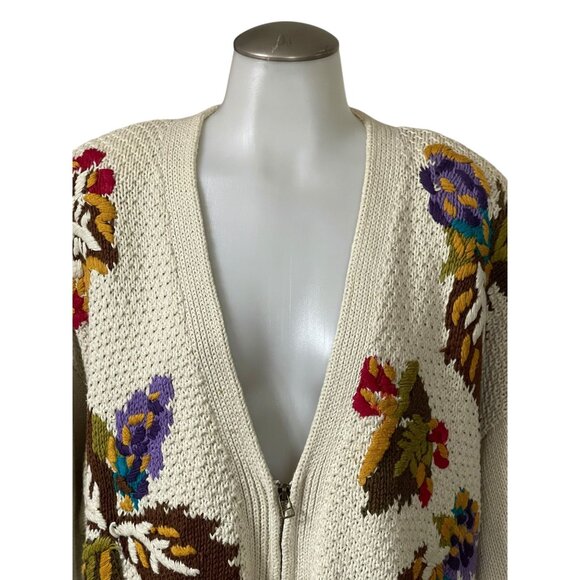 Vintage SK Wear Floral Knit Cardigan Sweater 2X Beige With Zipper 55% Ramie 45% - Picture 4 of 14